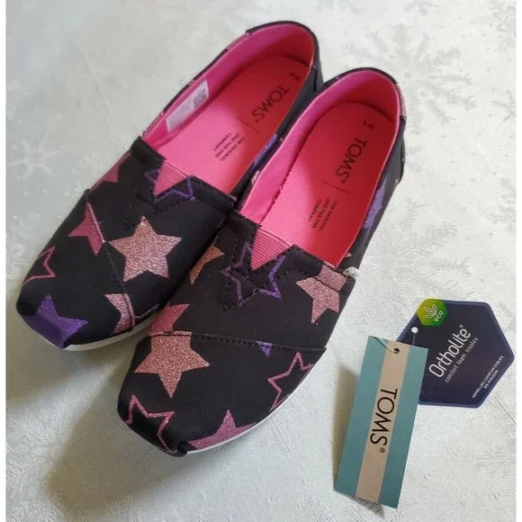 New In Box Toms Womens Alpargata Black Glitter Stars Print Shoes Size 5 - Picture 1 of 12